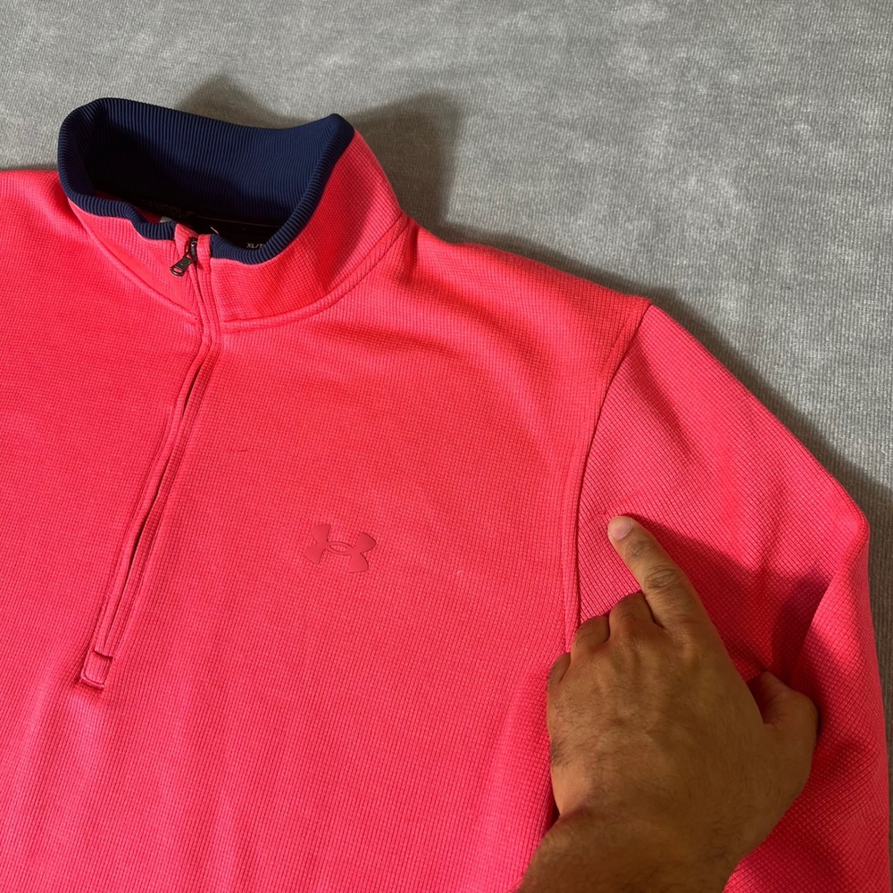 Under Armour Golf Mens XL Quarter Zip Pullover Storm Waffle Knit Pink Navy Blue - Picture 2 of 9